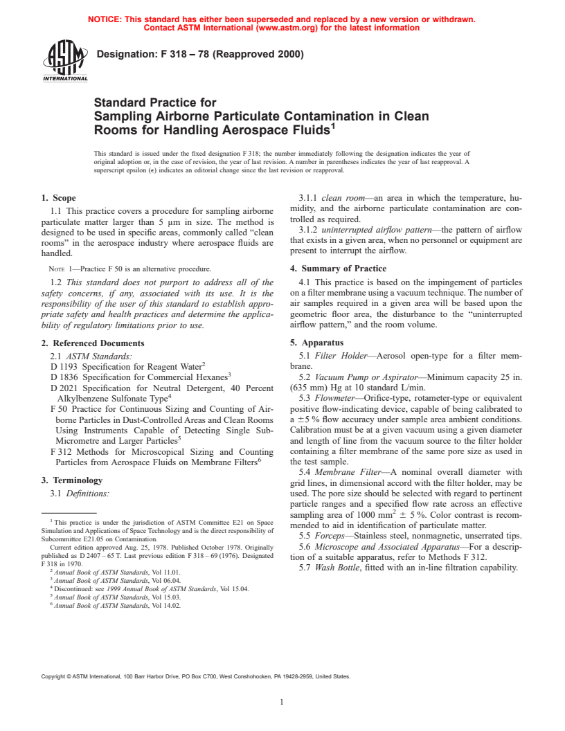 ASTM F318-78(2000) - Standard Practice for Sampling Airborne Particulate Contamination in Clean Rooms for Handling Aerospace Fluids