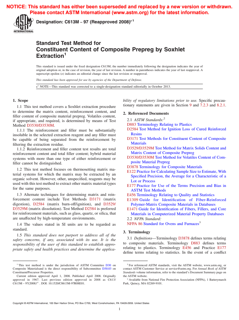 ASTM C613M-97(2008)e1 - Standard Test Method for Constituent Content of Composite Prepreg by Soxhlet Extraction