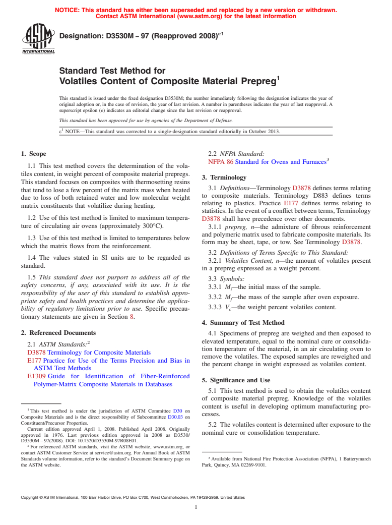 ASTM D3530M-97(2008)e1 - Standard Test Method for Volatiles Content of Composite Material Prepreg