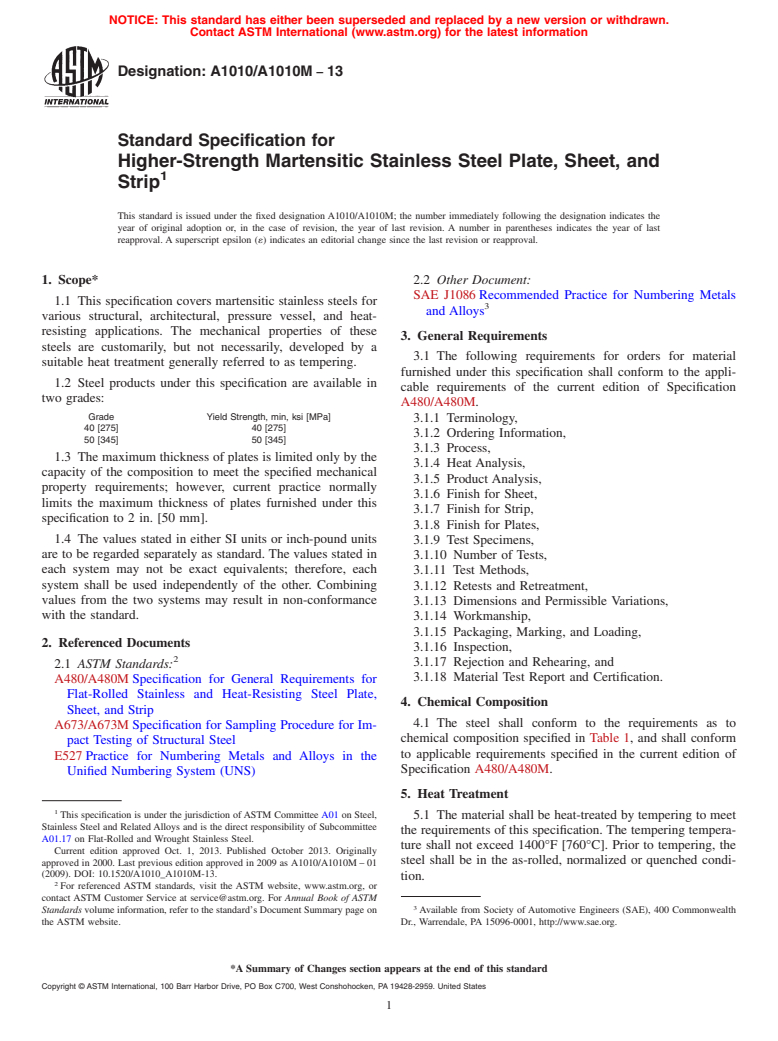 ASTM A1010/A1010M-13 - Standard Specification for  Higher-Strength Martensitic Stainless Steel Plate, Sheet, and  Strip