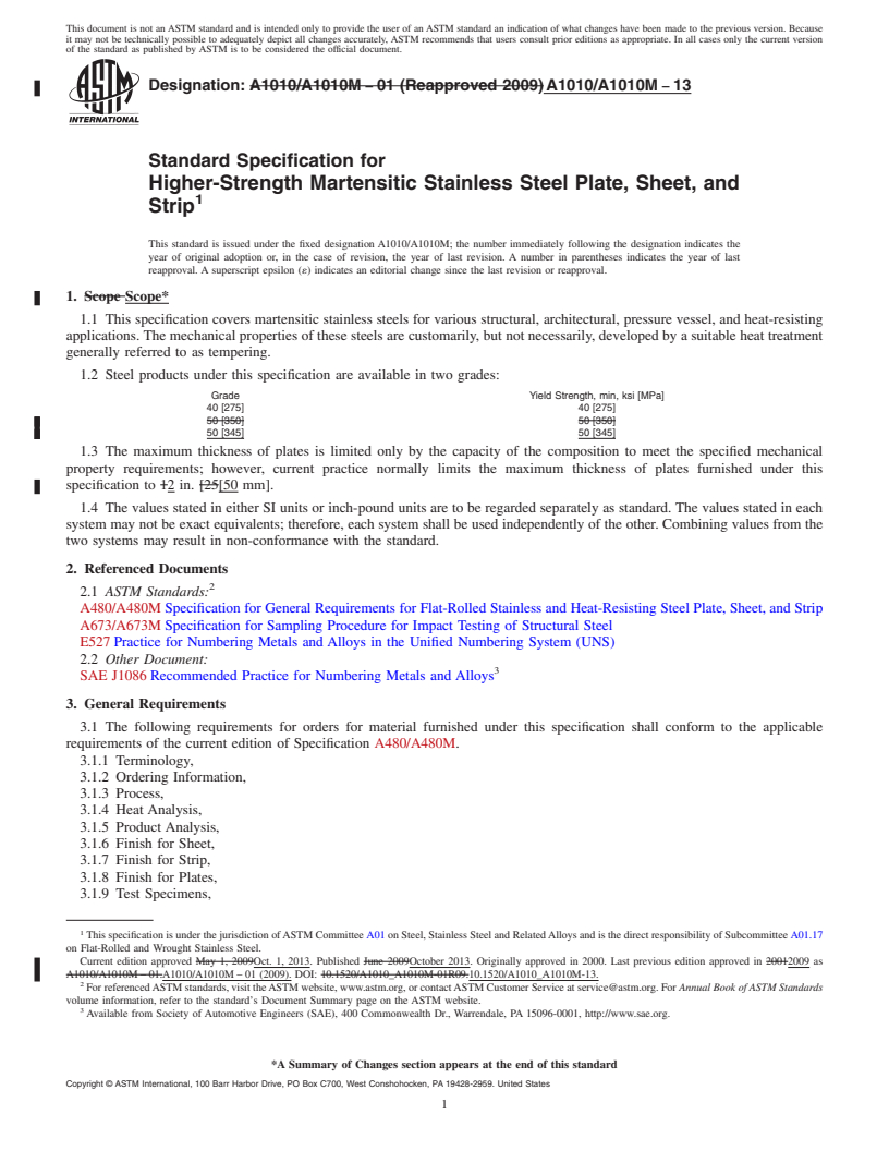 REDLINE ASTM A1010/A1010M-13 - Standard Specification for  Higher-Strength Martensitic Stainless Steel Plate, Sheet, and  Strip