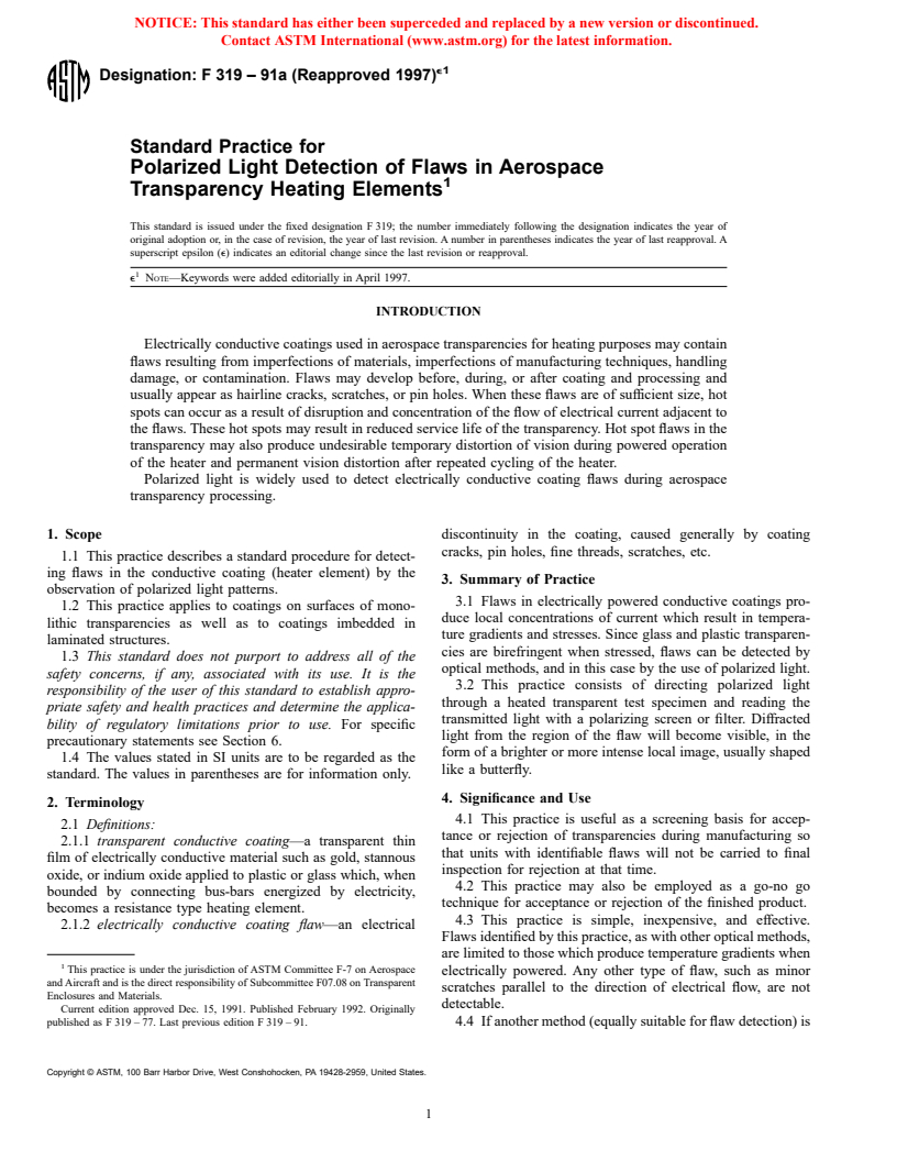 ASTM F319-91a(1997)e1 - Standard Practice for Polarized Light Detection of Flaws in Aerospace Transparency Heating Elements