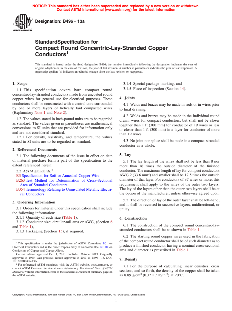 ASTM B496-13a - Standard Specification for Compact Round Concentric-Lay-Stranded Copper Conductors