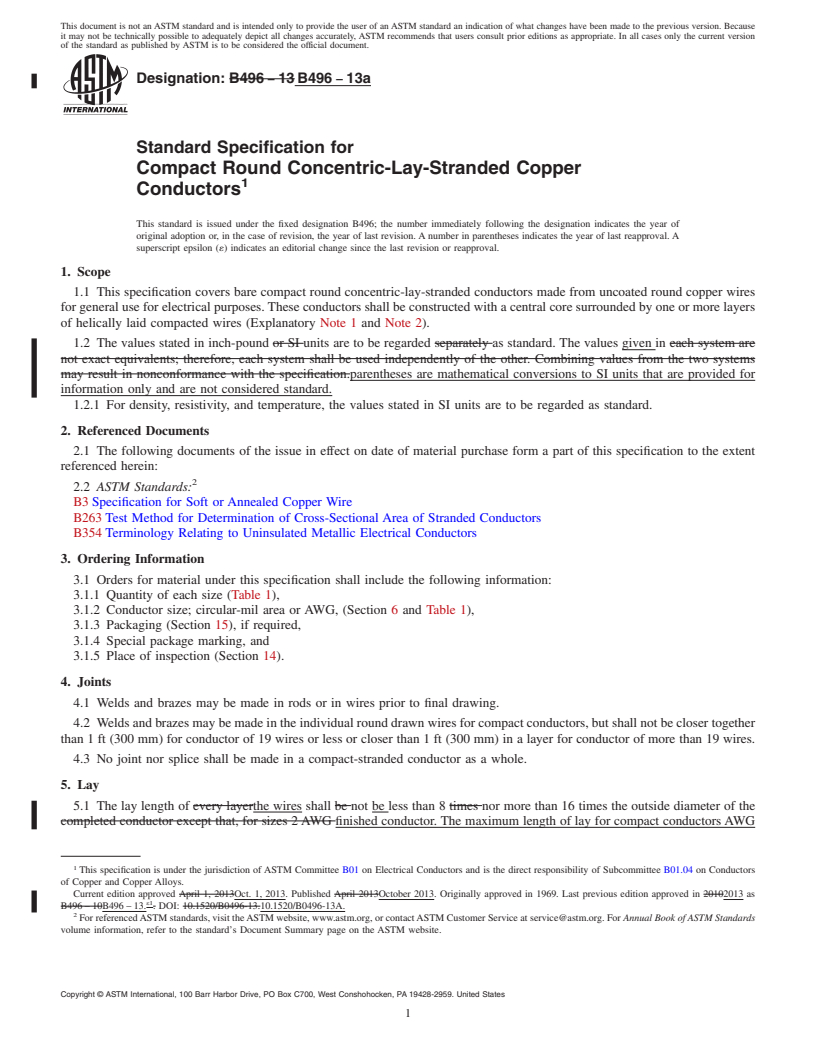 REDLINE ASTM B496-13a - Standard Specification for Compact Round Concentric-Lay-Stranded Copper Conductors