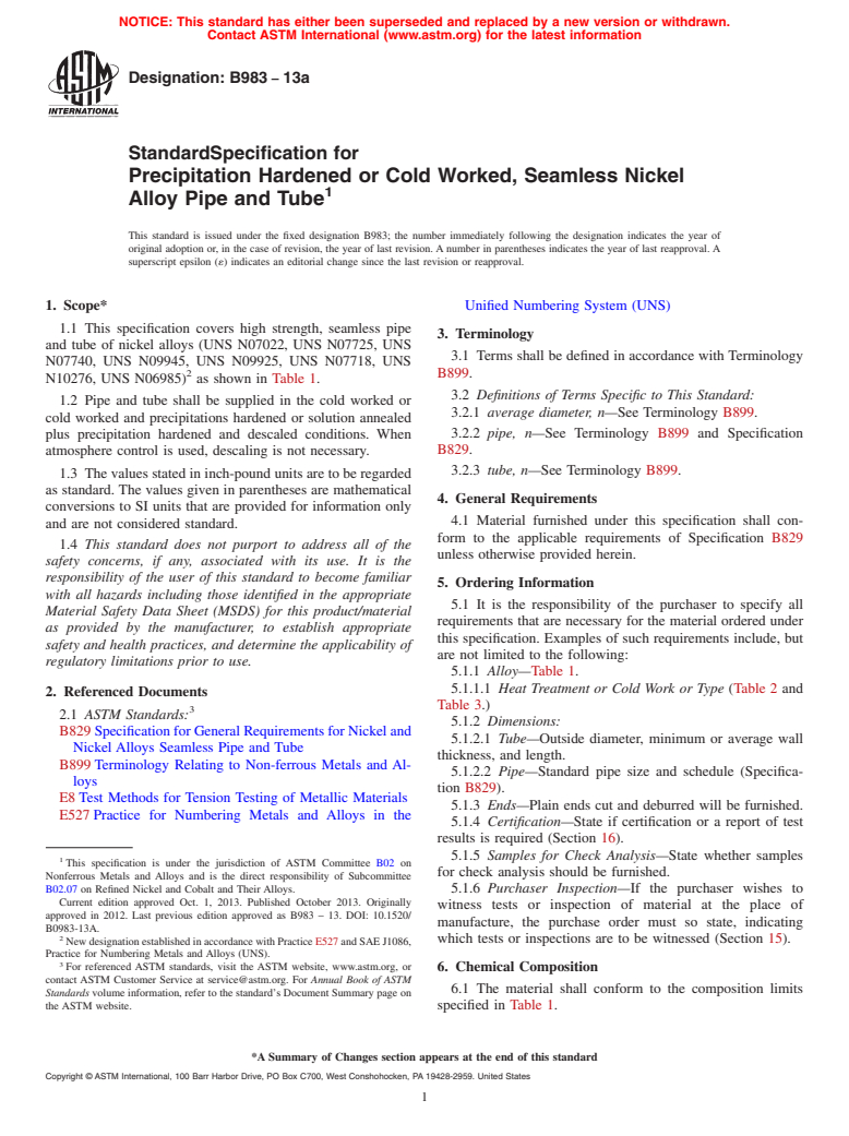 ASTM B983-13a - Standard Specification for Precipitation Hardened or Cold Worked, Seamless Nickel Alloy  Pipe and Tube
