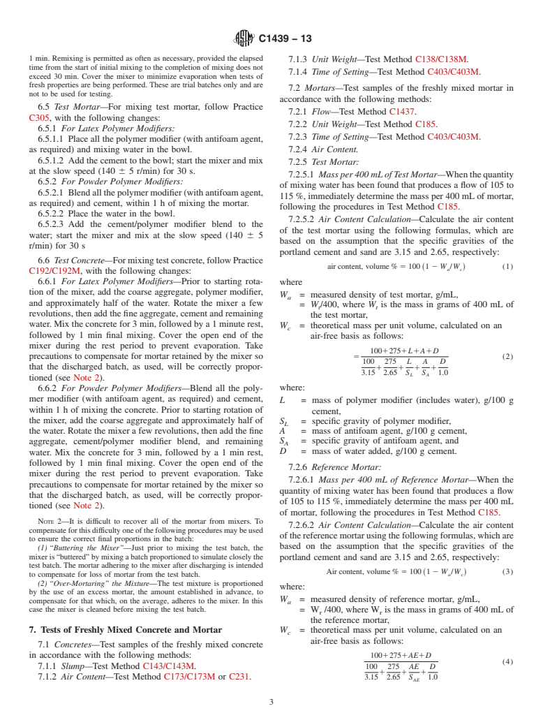 ASTM C1439-13 - Standard Test Methods for  Evaluating Latex and Powder Polymer Modifiers for use in Hydraulic  Cement Concrete and Mortar