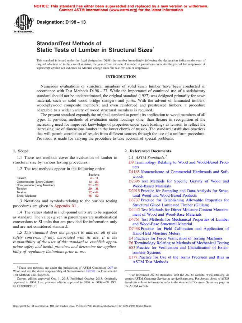 ASTM D198-13 - Standard Test Methods of  Static Tests of Lumber in Structural Sizes