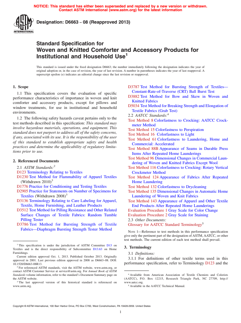 ASTM D6663-08(2013) - Standard Specification for  Woven and Knitted Comforter and Accessory Products for Institutional  and Household Use