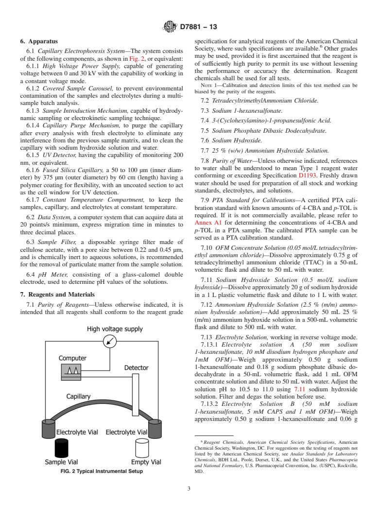 ASTM D7881-13 - Standard Test Method for Determination of 4-Carboxybenzaldehyde and <emph type="bdit"  >p</emph>-Toluic Acid in Purified Terephthalic Acid by Capillary Electrophoresis  with Reverse Voltage Mode