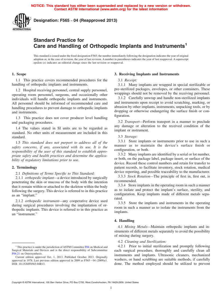 ASTM F565-04(2013) - Standard Practice for  Care and Handling of Orthopedic Implants and Instruments