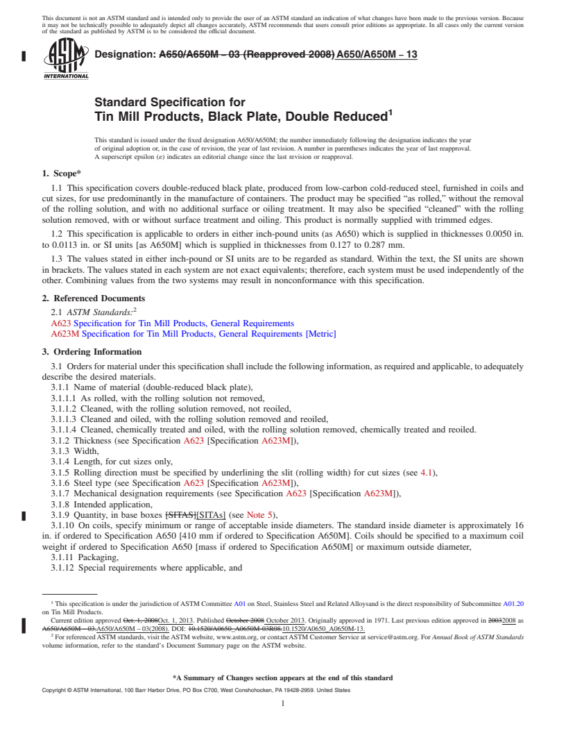 REDLINE ASTM A650/A650M-13 - Standard Specification for  Tin Mill Products, Black Plate, Double Reduced