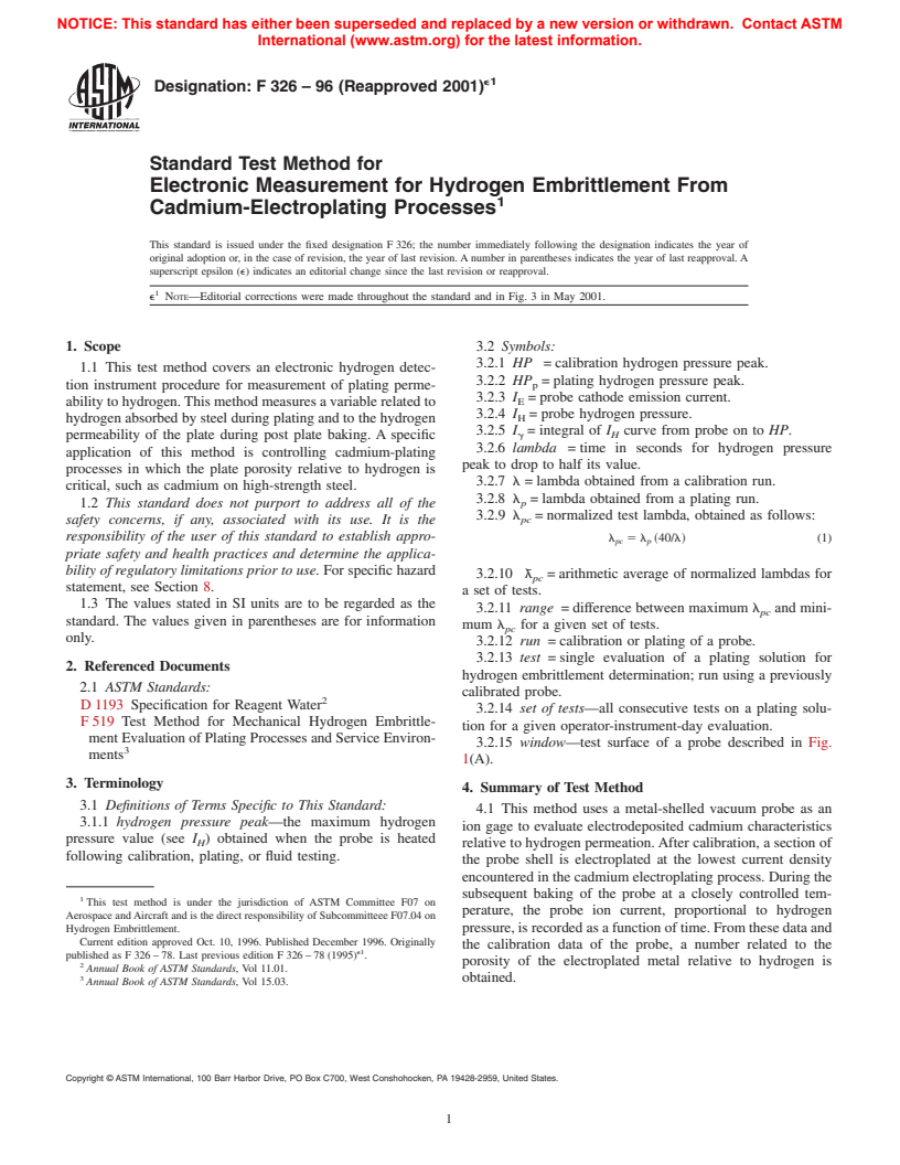 ASTM F326-96(2001)e1 - Standard Test Method for Electronic Measurement for Hydrogen Embrittlement from Cadmium-Electroplating Processes