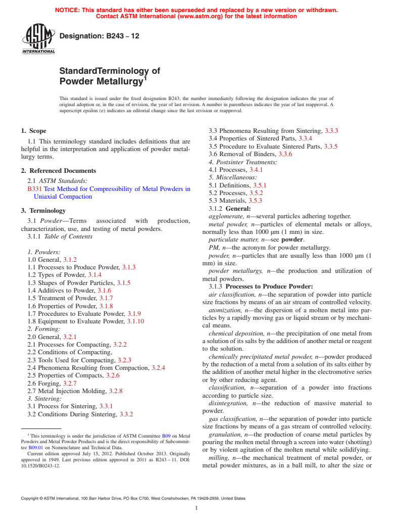 ASTM B243-12 - Standard Terminology of  Powder Metallurgy