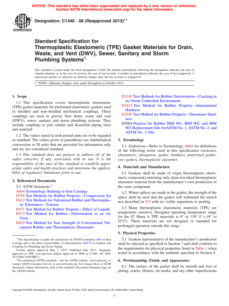 ASTM C1440-08(2013)e1 - Standard Specification for  Thermoplastic Elastomeric (TPE) Gasket Materials for Drain, Waste, and Vent (DWV), Sewer, Sanitary and Storm Plumbing Systems