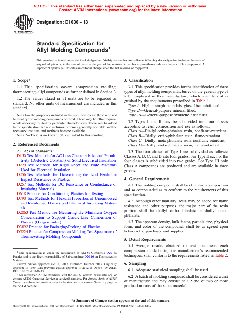 ASTM D1636-13 - Standard Specification for  Allyl Molding Compounds