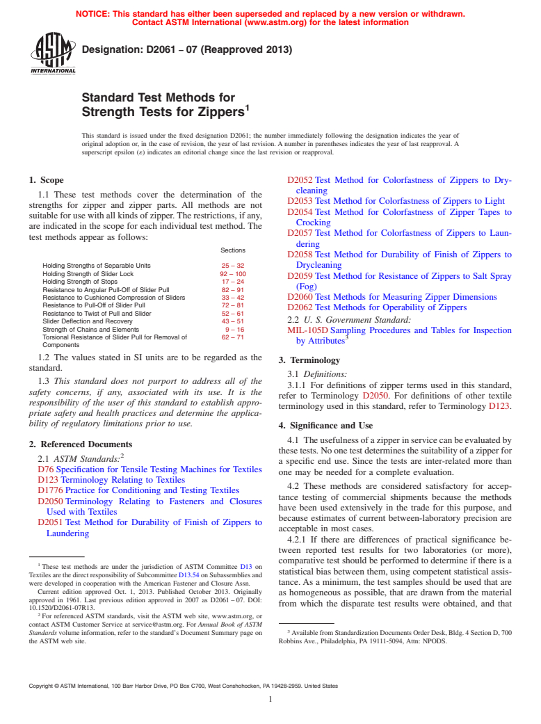 ASTM D2061-07(2013) - Standard Test Methods for  Strength Tests for Zippers