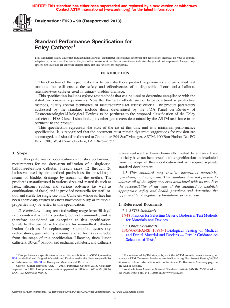 ASTM F623-99(2013) - Standard Performance Specification for  Foley Catheter