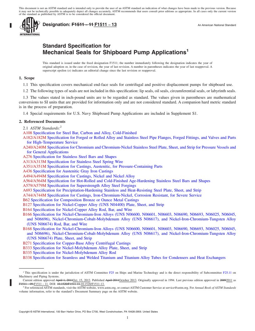 REDLINE ASTM F1511-13 - Standard Specification for  Mechanical Seals for Shipboard Pump Applications
