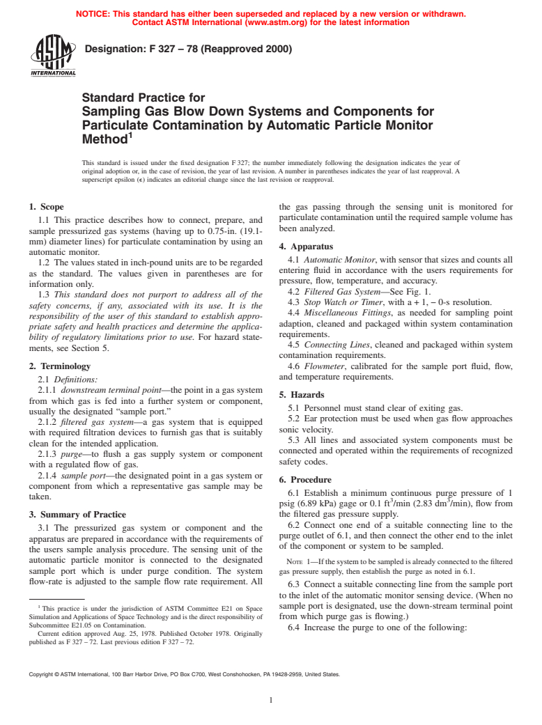 ASTM F327-78(2000) - Standard Practice for Sampling Gas Blow Down Systems and Components for Particulate Contamination by Automatic Particle Monitor Method