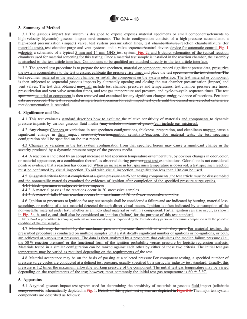 REDLINE ASTM G74-13 - Standard Test Method for  Ignition Sensitivity of Nonmetallic Materials and Components  by Gaseous Fluid Impact