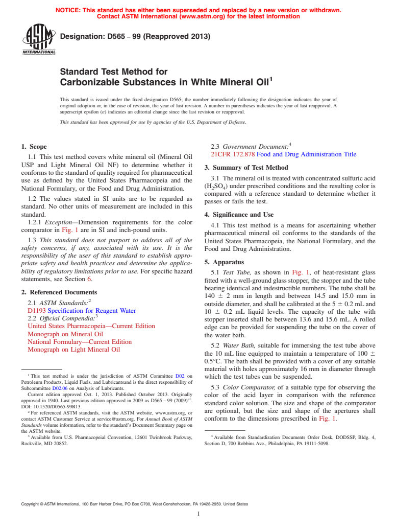 ASTM D565-99(2013) - Standard Test Method for  Carbonizable Substances in White Mineral Oil