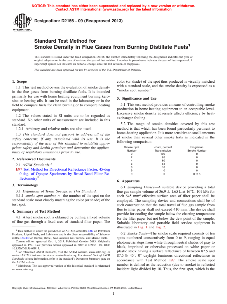 ASTM D2156-09(2013) - Standard Test Method for  Smoke Density in Flue Gases from Burning Distillate Fuels