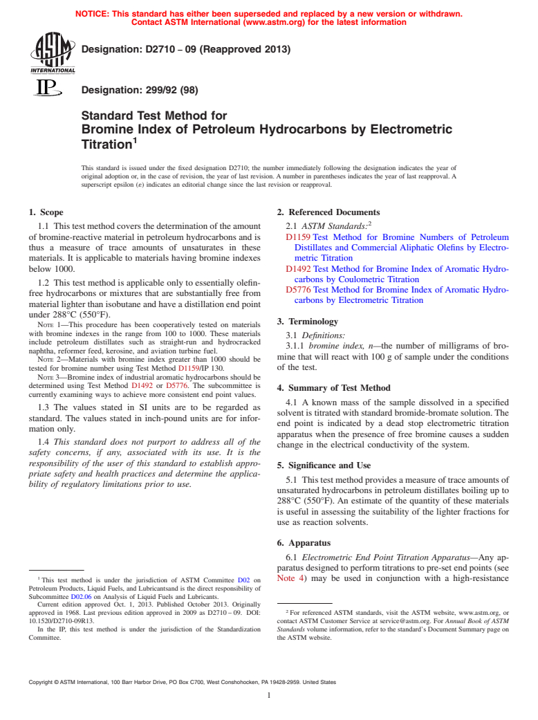 ASTM D2710-09(2013) - Standard Test Method for  Bromine Index of Petroleum Hydrocarbons by Electrometric Titration