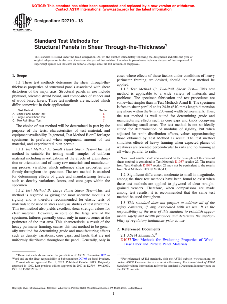 ASTM D2719-13 - Standard Test Methods for  Structural Panels in Shear Through-the-Thickness