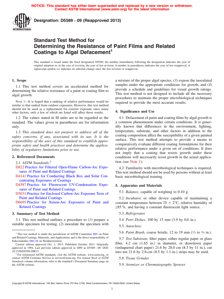 ASTM D5589-09(2013) - Standard Test Method for Determining the Resistance of Paint Films and Related Coatings  to Algal Defacement