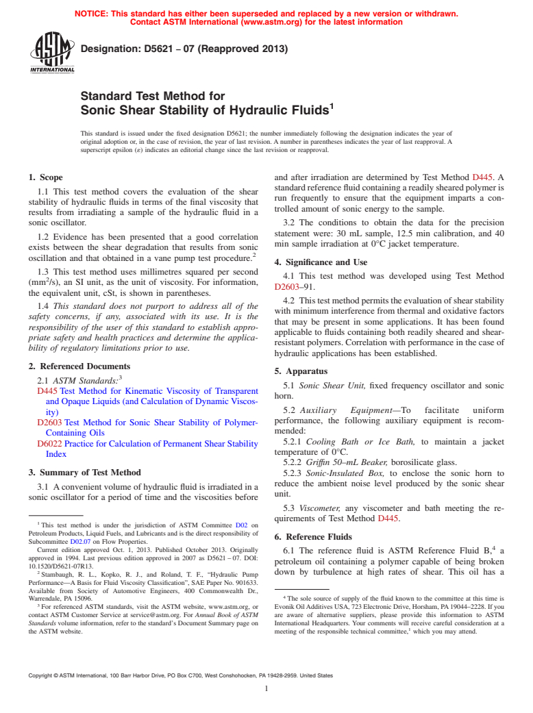 ASTM D5621-07(2013) - Standard Test Method for  Sonic Shear Stability of Hydraulic Fluids