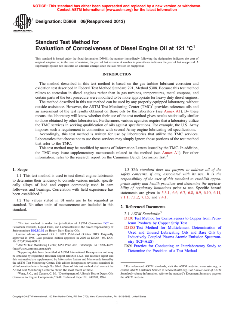 ASTM D5968-06(2013) - Standard Test Method for  Evaluation of Corrosiveness of Diesel Engine Oil at 121&#8201;&deg;C