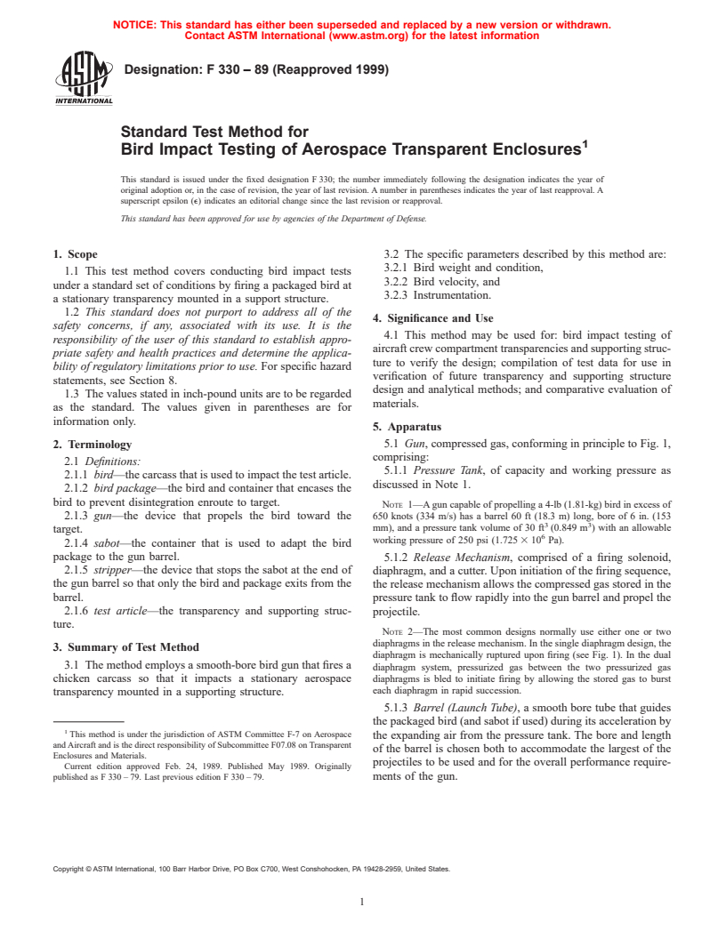 ASTM F330-89(1999) - Standard Test Method for Bird Impact Testing of Aerospace Transparent Enclosures