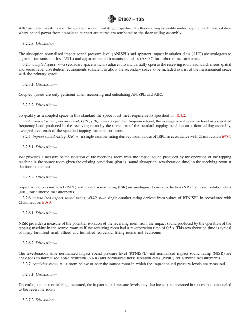 REDLINE ASTM E1007-13b - Standard Test Method for  Field Measurement of Tapping Machine Impact Sound Transmission  Through Floor-Ceiling Assemblies and Associated Support Structures