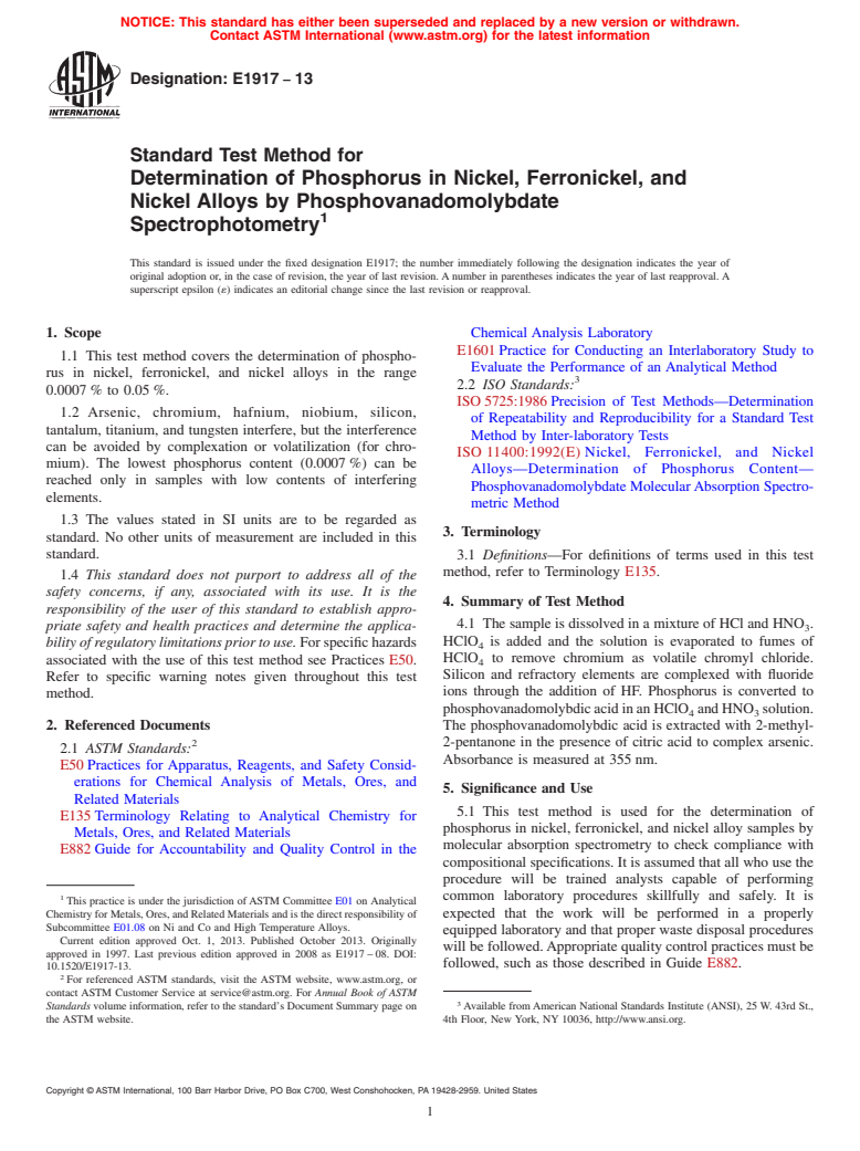 ASTM E1917-13 - Standard Test Method for  Determination of Phosphorus in Nickel, Ferronickel, and Nickel  Alloys by Phosphovanadomolybdate Spectrophotometry