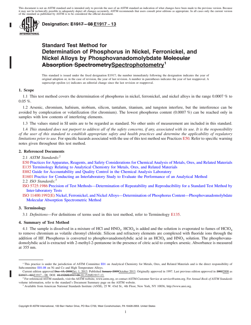 REDLINE ASTM E1917-13 - Standard Test Method for  Determination of Phosphorus in Nickel, Ferronickel, and Nickel  Alloys by Phosphovanadomolybdate Spectrophotometry