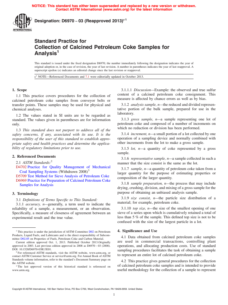 ASTM D6970-03(2013)e1 - Standard Practice for Collection of Calcined Petroleum Coke Samples for Analysis