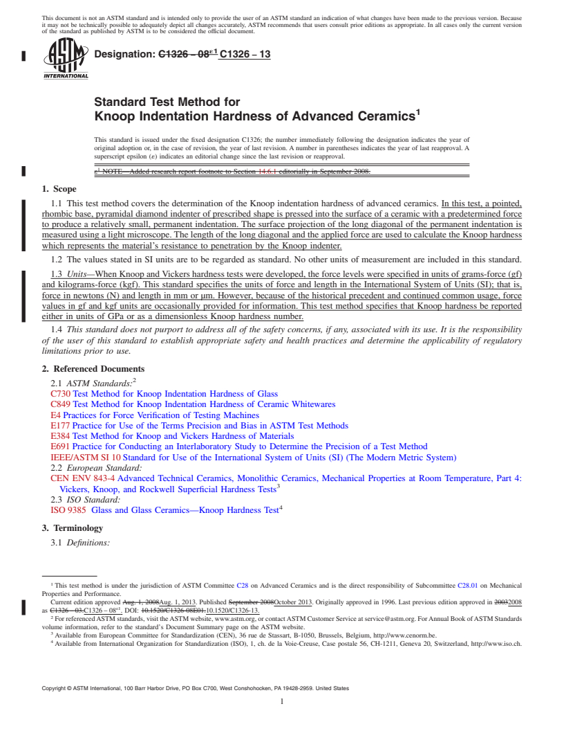 REDLINE ASTM C1326-13 - Standard Test Method for  Knoop Indentation Hardness of Advanced Ceramics