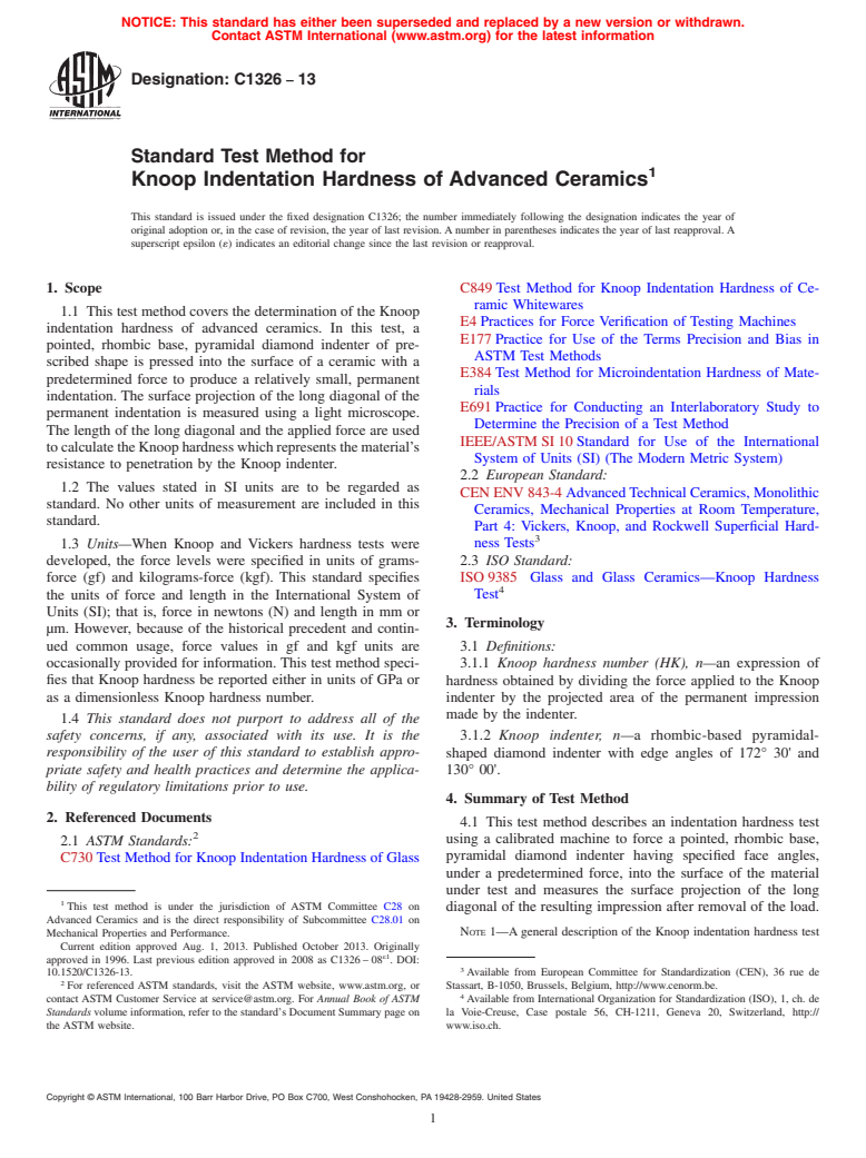 ASTM C1326-13 - Standard Test Method for  Knoop Indentation Hardness of Advanced Ceramics