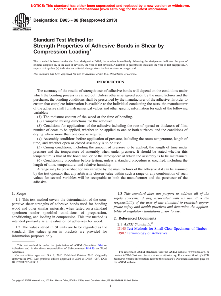 ASTM D905-08(2013) - Standard Test Method for Strength Properties of Adhesive Bonds in Shear by Compression  Loading