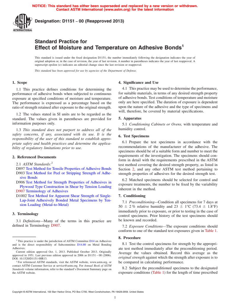 ASTM D1151-00(2013) - Standard Practice for Effect of Moisture and Temperature on Adhesive Bonds