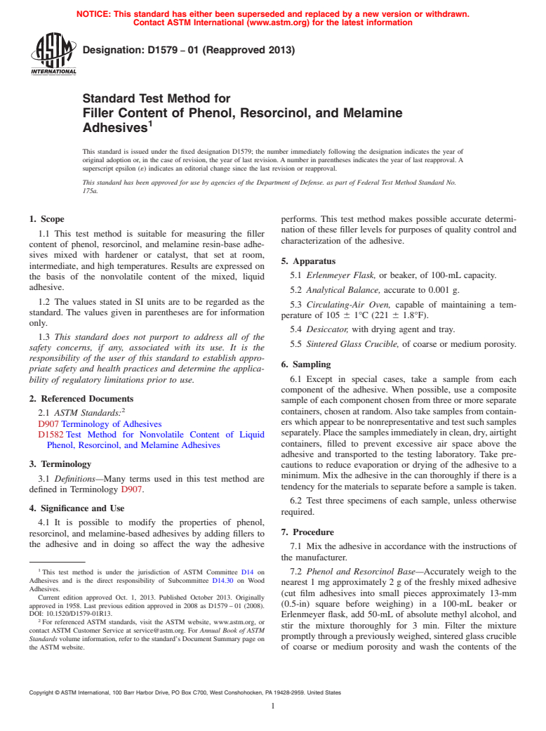 ASTM D1579-01(2013) - Standard Test Method for Filler Content of Phenol, Resorcinol, and Melamine Adhesives