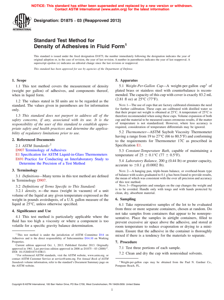 ASTM D1875-03(2013) - Standard Test Method for Density of Adhesives in Fluid Form