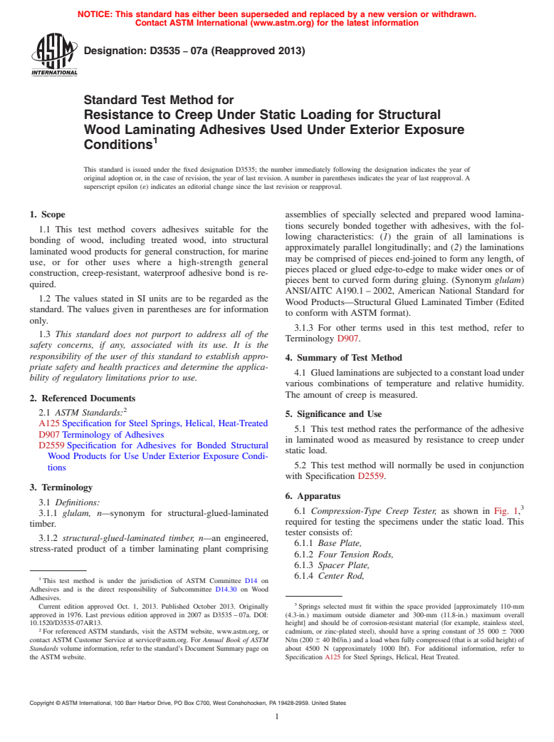 ASTM D3535-07a(2013) - Standard Test Method for Resistance to Creep Under Static Loading for Structural Wood  Laminating   Adhesives Used Under Exterior Exposure Conditions