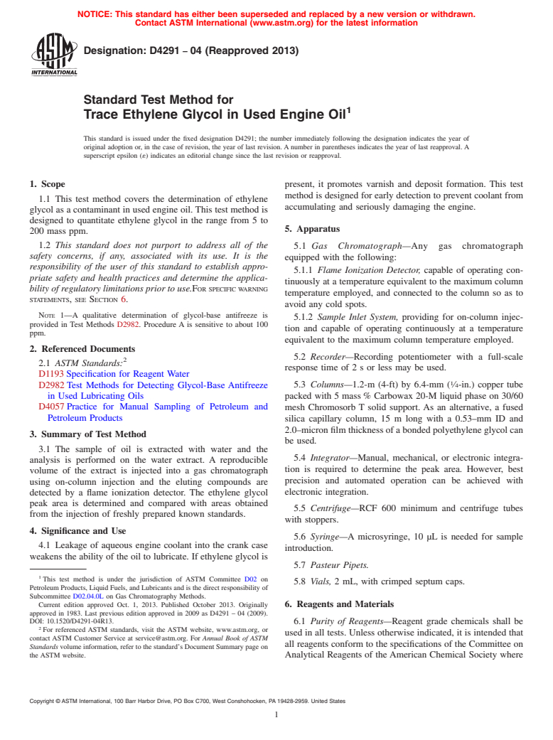 ASTM D4291-04(2013) - Standard Test Method for  Trace Ethylene Glycol in Used Engine Oil