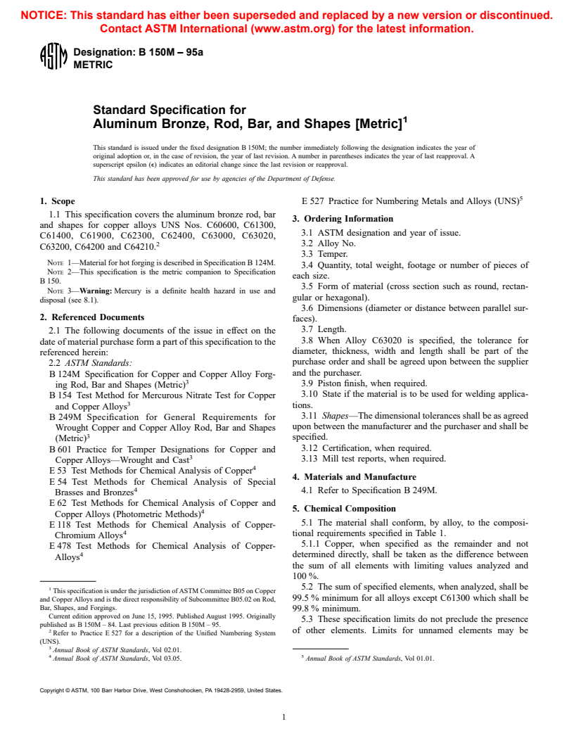 ASTM B150M-95a - Standard Specification for Aluminum Bronze, Rod, Bar, and Shapes [Metric] (Withdrawn 2002)
