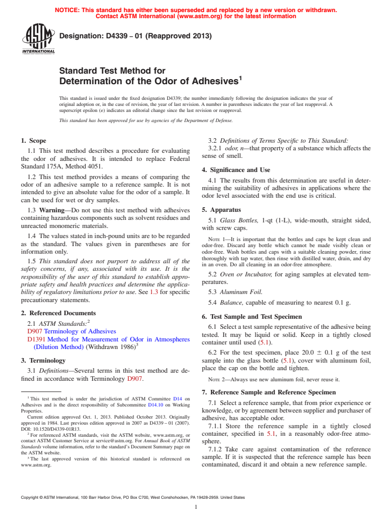ASTM D4339-01(2013) - Standard Test Method for Determination of the Odor of Adhesives