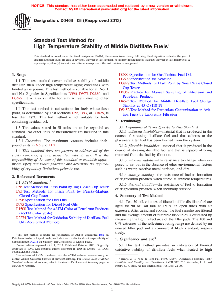 ASTM D6468-08(2013) - Standard Test Method for  High Temperature Stability of Middle Distillate Fuels