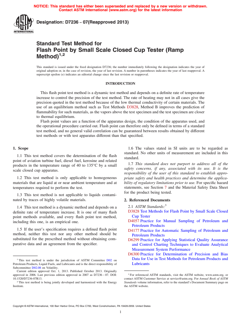 ASTM D7236-07(2013) - Standard Test Method for  Flash Point by Small Scale Closed Cup Tester (Ramp Method)