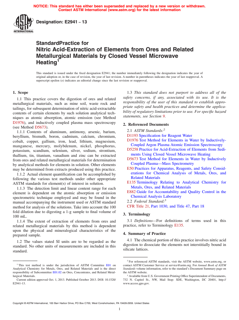 ASTM E2941-13 - Standard Practice for Nitric Acid-Extraction of Elements from Ores and Related Metallurgical  Materials by Closed Vessel Microwave Heating