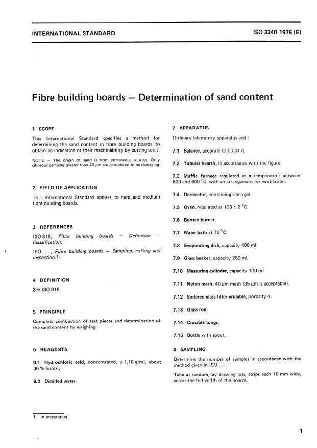 ISO 3340:1976 - Fibre building boards -- Determination of sand content